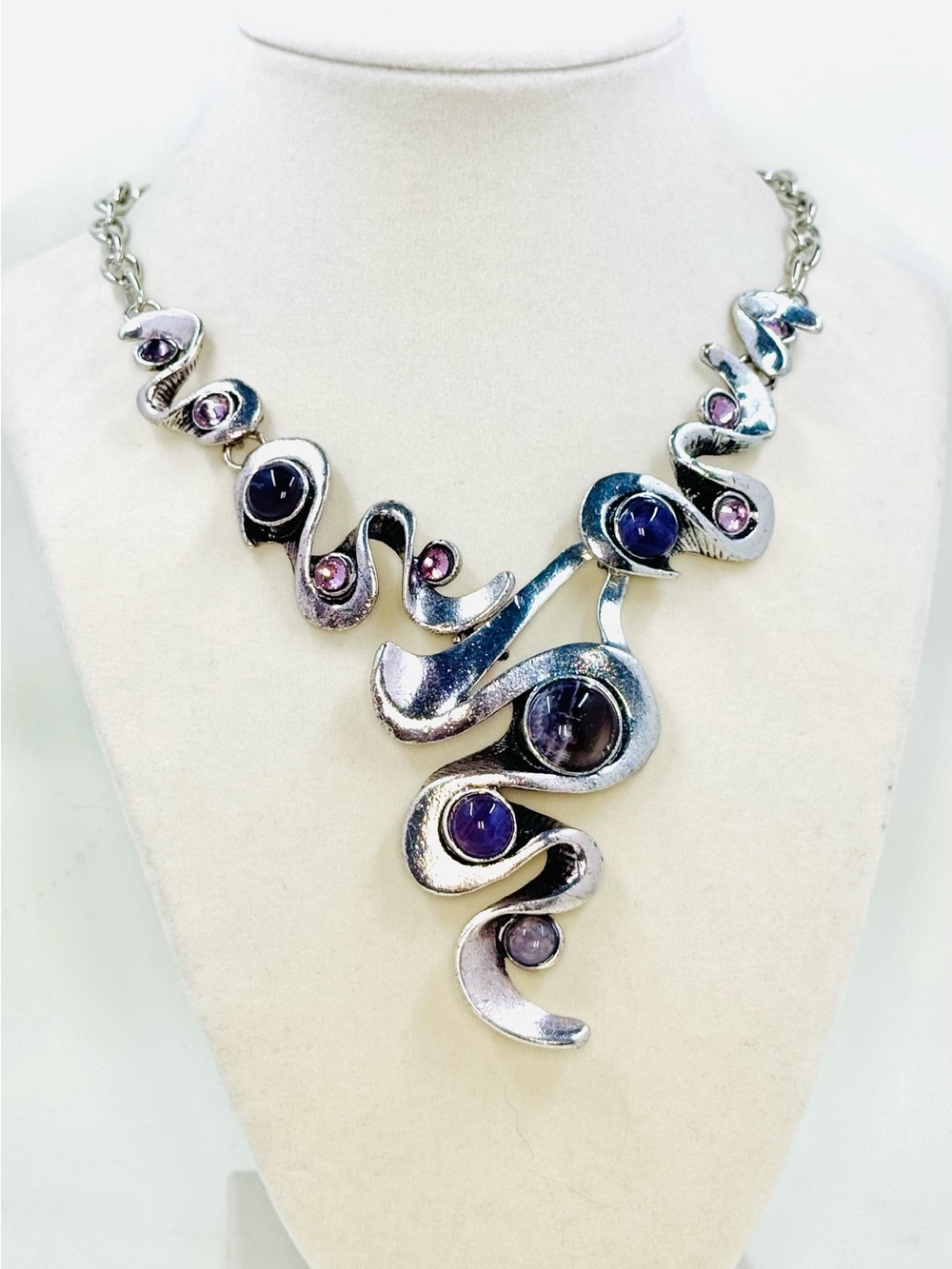 Artisan Made Silver-Tone Wavy Drop Statement Necklace W/Natural Amethyst Stones